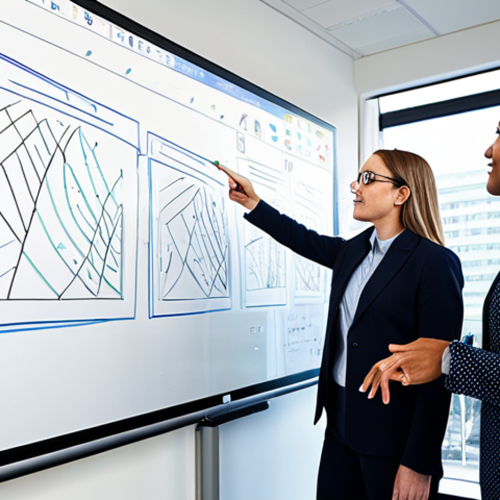 A diverse team of five professionals, fully clothed in modest business attire, actively collaborating around a large interactive digital whiteboard in a modern, brightly lit office. They are engaged in a dynamic brainstorming session, with various team members pointing at the screen, which displays abstract diagrams and notes representing complex problem-solving. The atmosphere is energetic and focused, emphasizing shared understanding and a blend of diverse perspectives. Perfect anatomy, correct proportions, natural pose, well-formed hands, proper finger count, natural body proportions. Safe for work, appropriate content, fully clothed, professional, high-quality photograph, realistic.