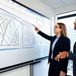 A diverse team of five professionals, fully clothed in modest business attire, actively collaborating around a large interactive digital whiteboard in a modern, brightly lit office. They are engaged in a dynamic brainstorming session, with various team members pointing at the screen, which displays abstract diagrams and notes representing complex problem-solving. The atmosphere is energetic and focused, emphasizing shared understanding and a blend of diverse perspectives. Perfect anatomy, correct proportions, natural pose, well-formed hands, proper finger count, natural body proportions. Safe for work, appropriate content, fully clothed, professional, high-quality photograph, realistic.