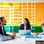 문제해결 중심 포지셔닝의 실행 계획 작성법 - A diverse Brazilian business team gathered in a modern office conference room, engaged in a collabor...