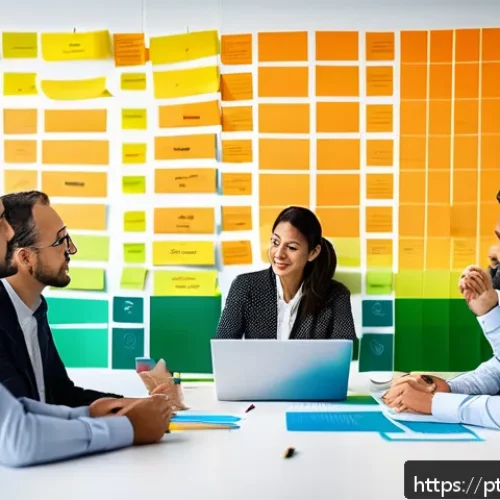 문제해결 중심 포지셔닝의 실행 계획 작성법 - A diverse Brazilian business team gathered in a modern office conference room, engaged in a collabor...